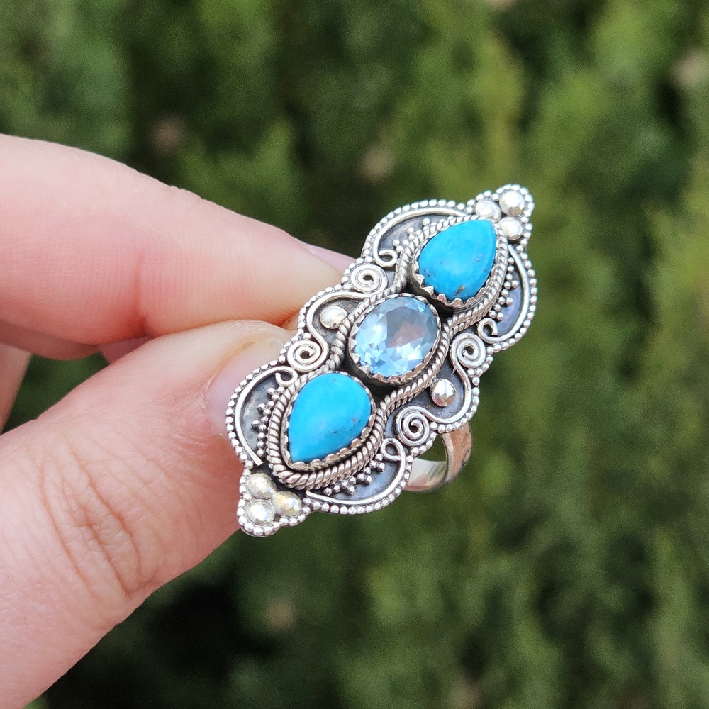 Triple Gemstone Sterling Silver Ring - Iranian Turquoise & London Blue Topaz - 8